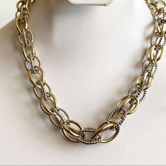 STATEMENT Round Silver & Gold Tone Chain Necklace - Picture 4 of 5